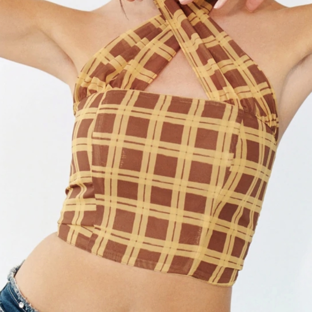 Nwot With Jean tulip top yellow brown plaid CHER xs - Picture 4 of 6